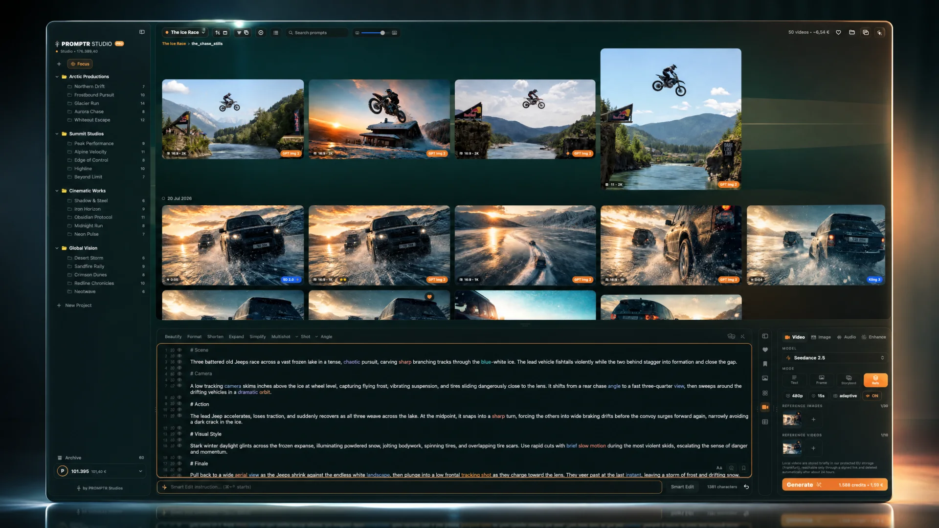 Promptr Studio Pro media gallery with generated image, video and audio assets