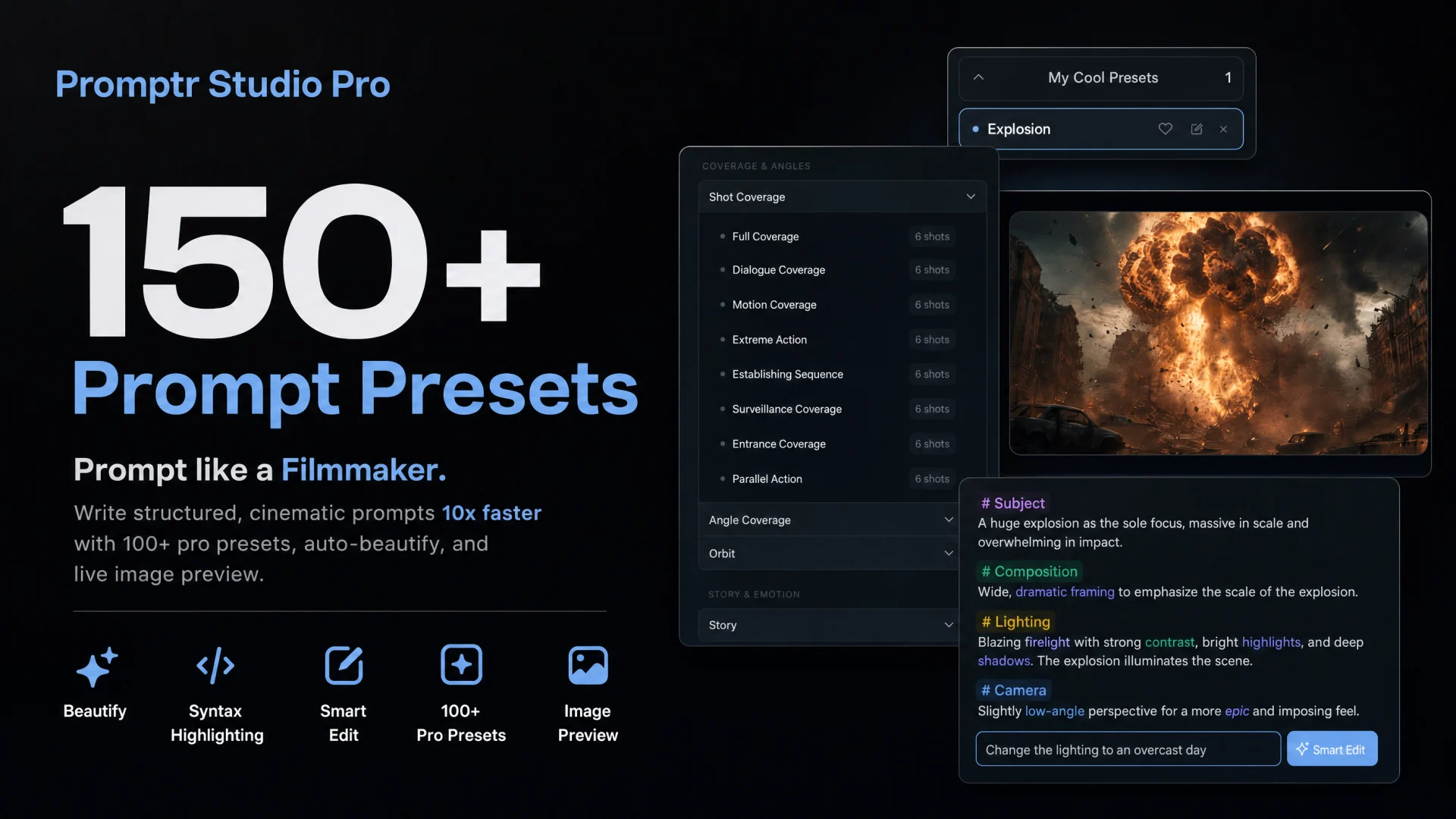 Promptr Studio Pro with more than 150 professional prompt presets and structured filmmaking controls