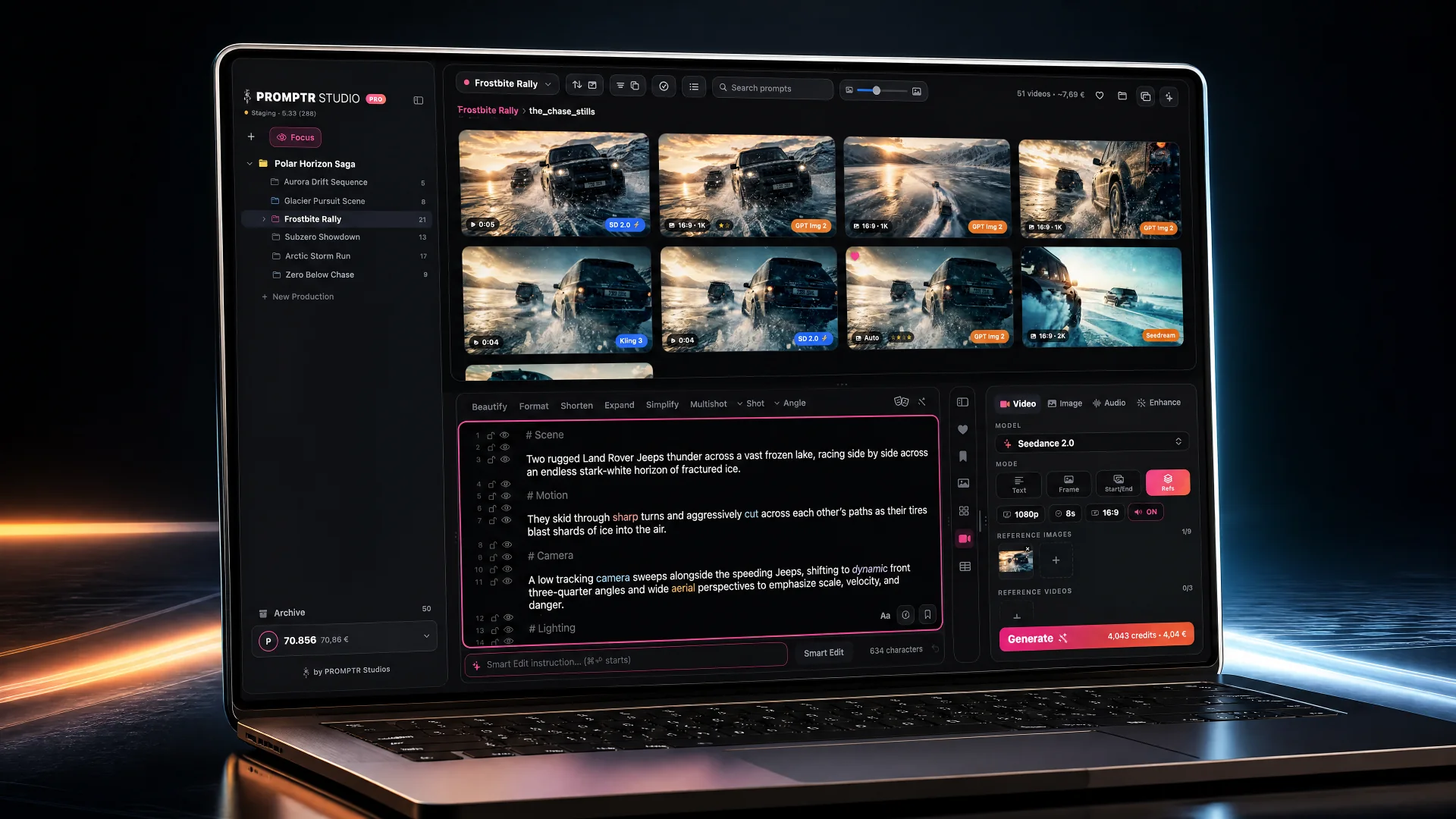 Promptr Studio Pro on a MacBook with projects, gallery, CRAFTR composer and generation controls
